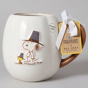 Rae Dunn Peanuts Snoopy Woodstock Give Thanks Pumpkin Mug Pilgrim NWT Speckled